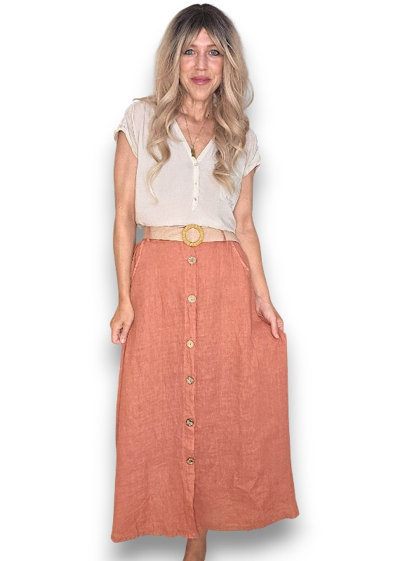 Helga May -  Midi Raffia Belt Linen Skirt - Grey, Sage, Black, Brick