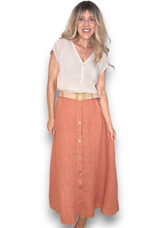 Helga May -  Midi Raffia Belt Linen Skirt - Grey, Sage, Black, Brick
