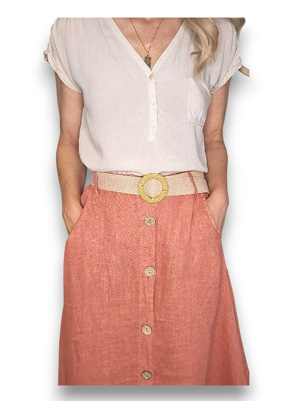 Helga May -  Midi Raffia Belt Linen Skirt - Grey, Sage, Black, Brick