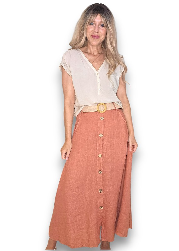 Helga May -  Midi Raffia Belt Linen Skirt - Grey, Sage, Black, Brick