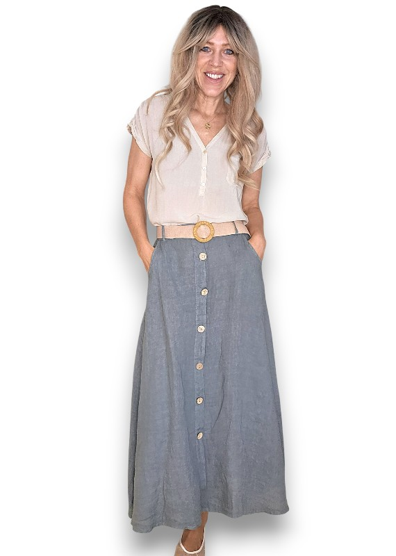 Helga May -  Midi Raffia Belt Linen Skirt - Grey, Sage, Black, Brick