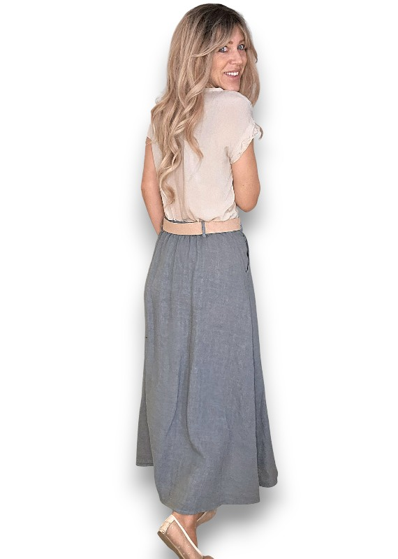 Helga May -  Midi Raffia Belt Linen Skirt - Grey, Sage, Black, Brick