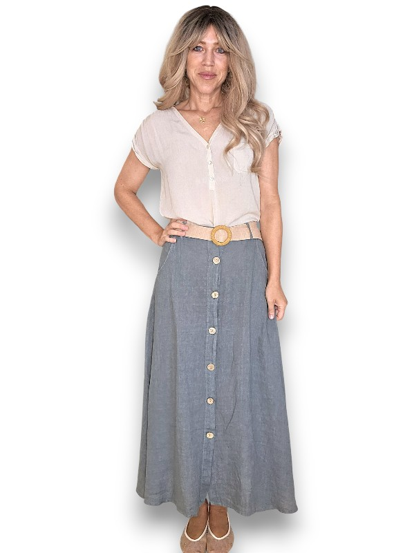 Helga May -  Midi Raffia Belt Linen Skirt - Grey, Sage, Black, Brick