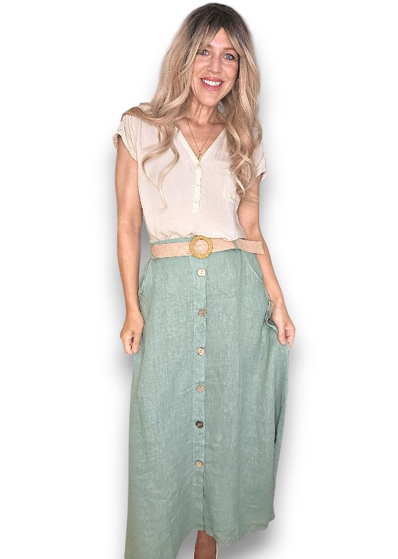 Helga May -  Midi Raffia Belt Linen Skirt - Grey, Sage, Black, Brick