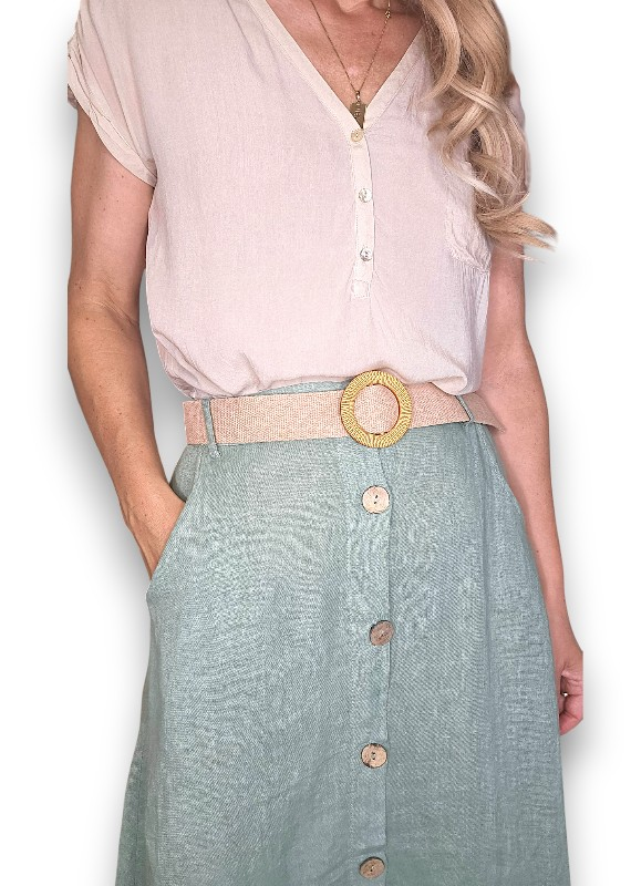 Helga May -  Midi Raffia Belt Linen Skirt - Grey, Sage, Black, Brick