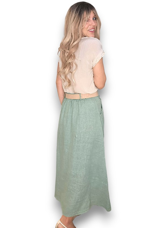 Helga May -  Midi Raffia Belt Linen Skirt - Grey, Sage, Black, Brick
