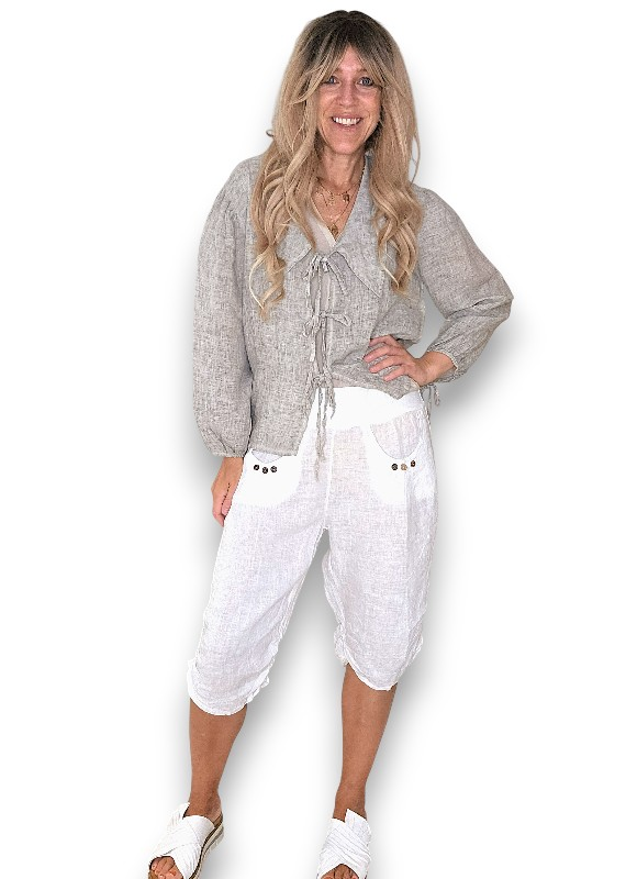 Helga May - White Plain Capri Linen Pants