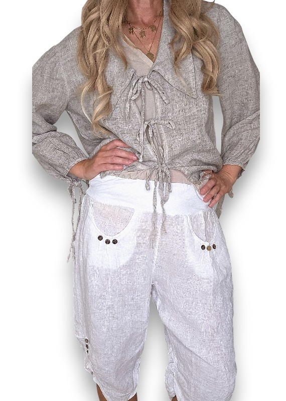 Helga May - White Plain Capri Linen Pants
