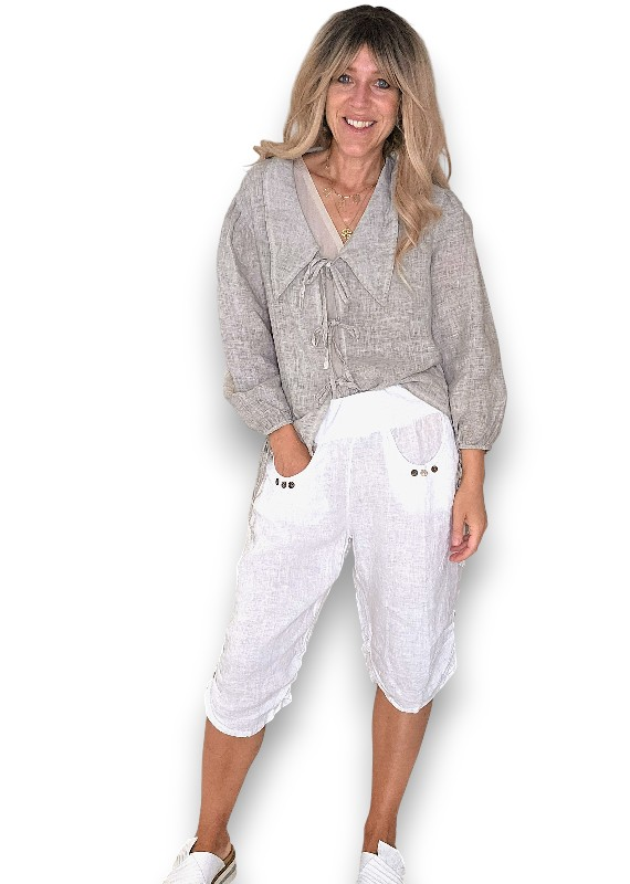 Helga May - White Plain Capri Linen Pants