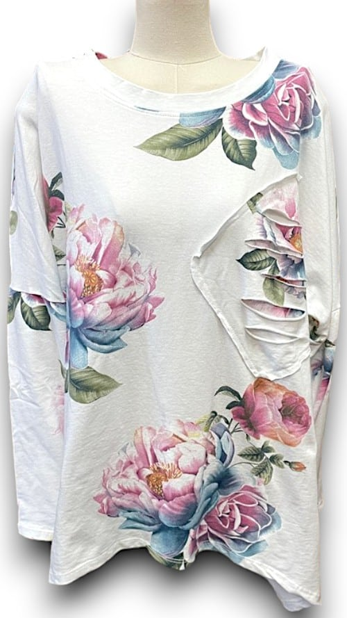 Helga May - White Ombre Peony Ripped Cotton Sweater