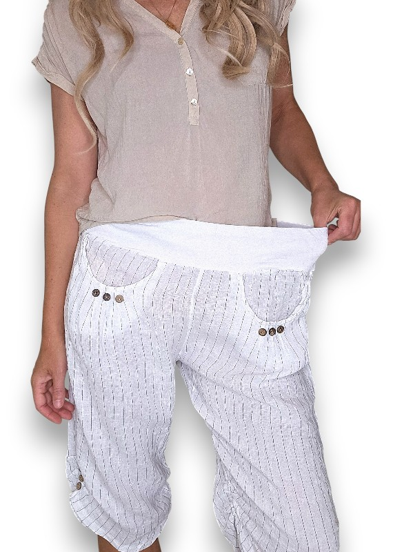Helga May - White Pinstripe Capri Linen Pant