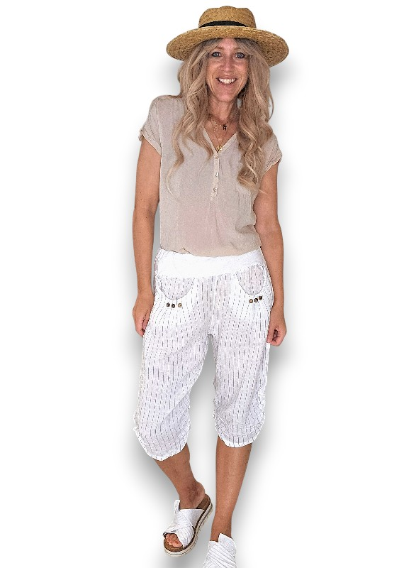 Helga May - White Pinstripe Capri Linen Pant