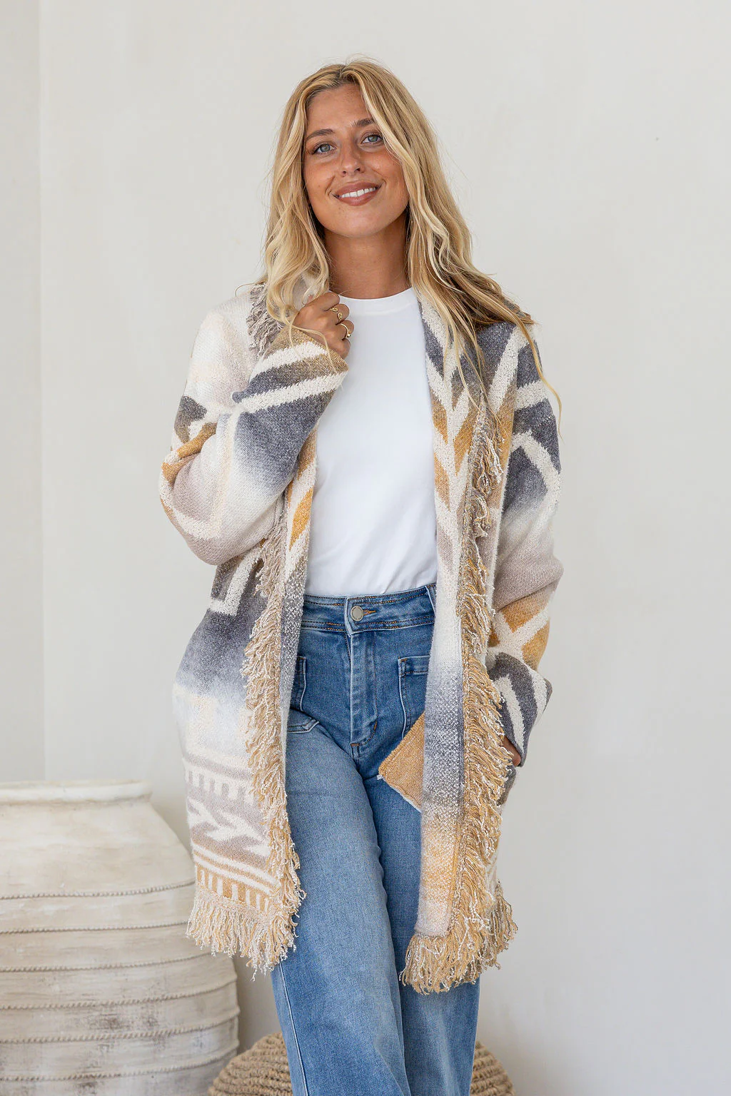 Cardigan - Sundance Fringe Classic Long Knit Cardigan with Pockets