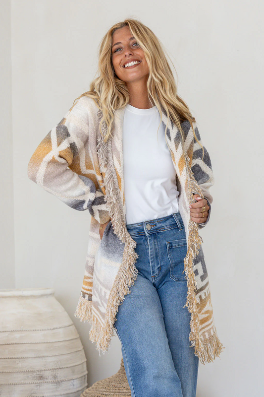 Cardigan - Sundance Fringe Classic Long Knit Cardigan with Pockets