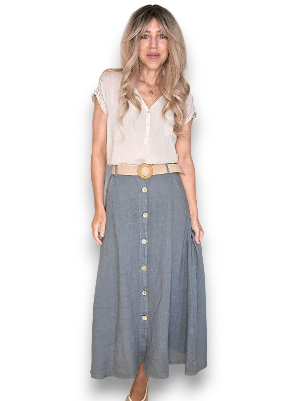 Helga May -  Midi Raffia Belt Linen Skirt - Grey, Sage, Black, Brick