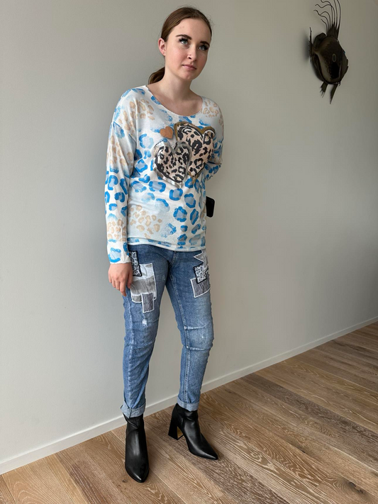 Made In Italy - Leopard Blue Heart Print Long Sleeved Top