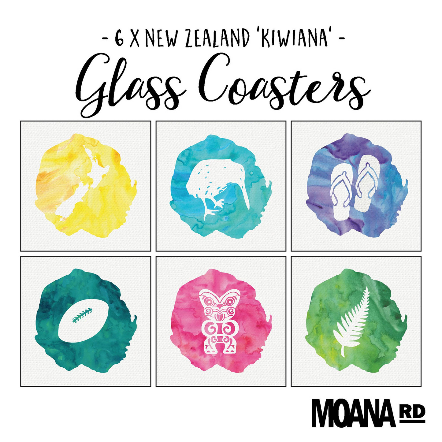 Moana Road - Coasters - Glass Kiwiana Set of 6