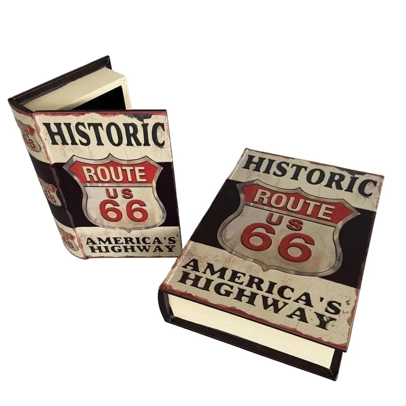 Route 66 Vintage Book Boxes - Set of 2 Hidden Storage Organisers