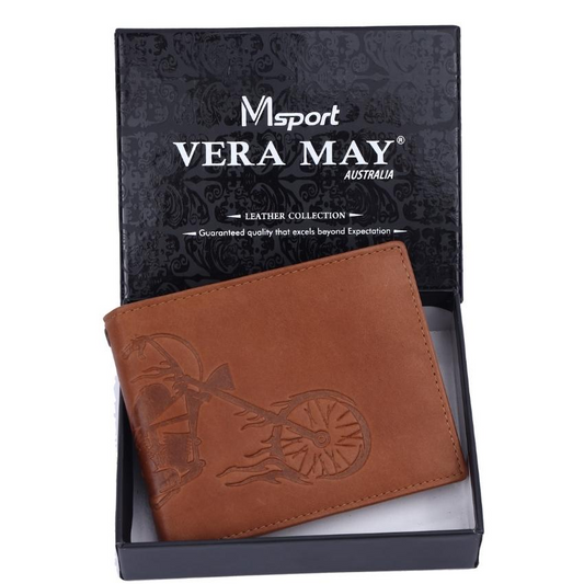 Vera May - Mens Genuine Leather-Embossed Motorcycle Image Tan Wallet